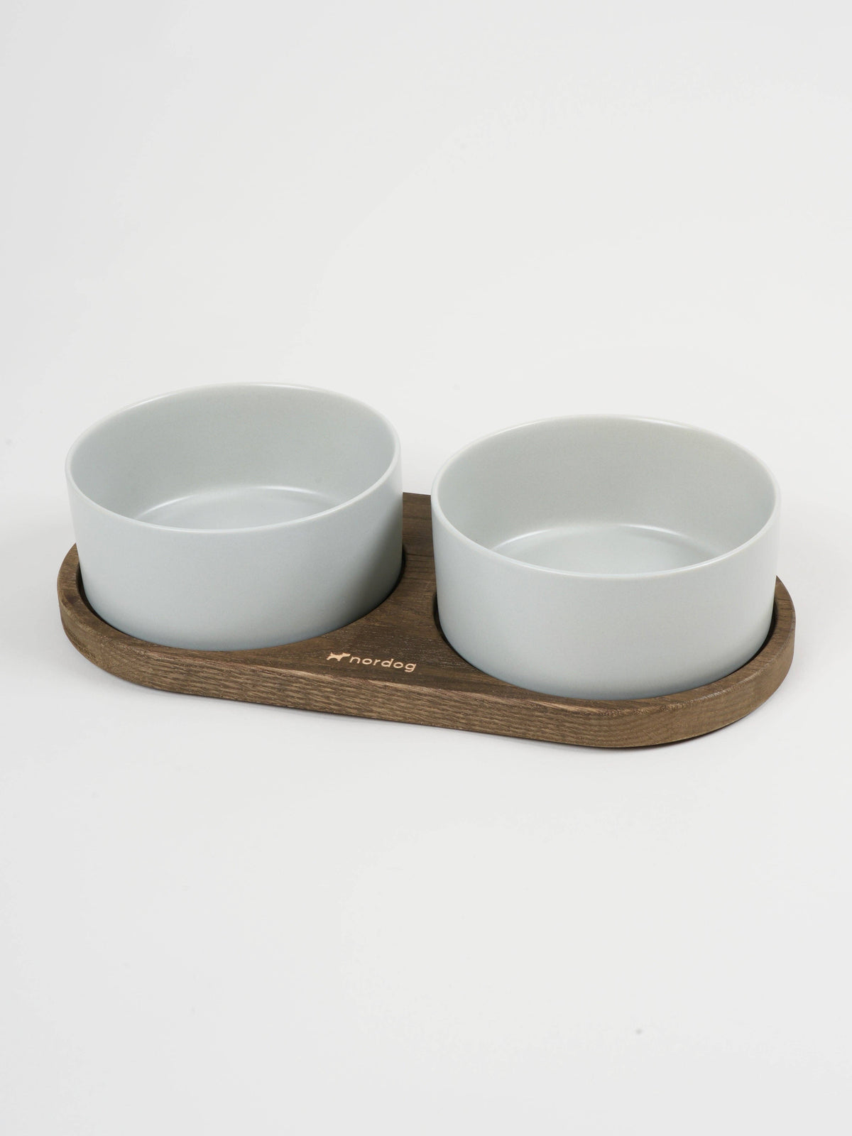 Barcelona oak double dog bowl, grey ceramic