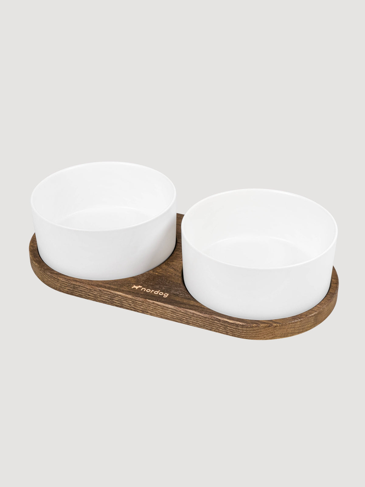 Barcelona oak double dog bowl, white ceramic