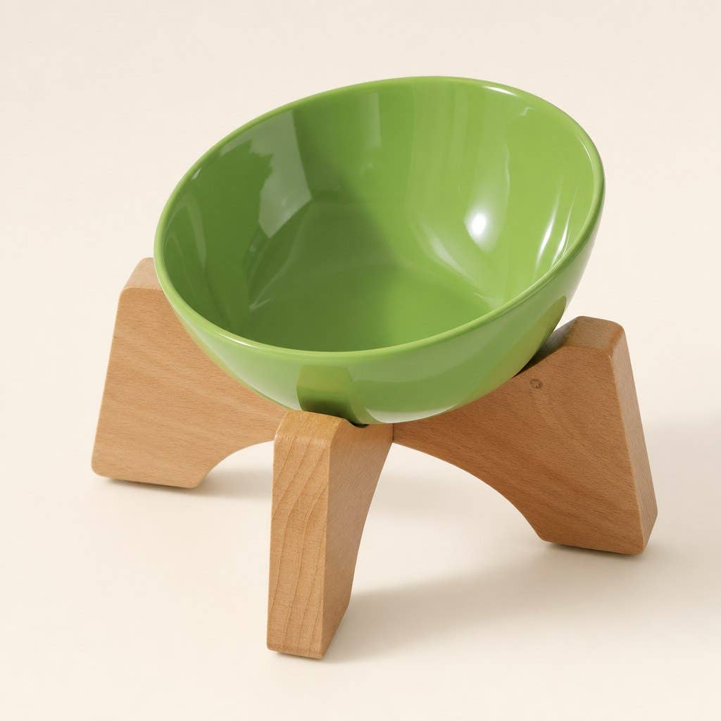 Elevated ceramic cat bowl with wooden stand in green