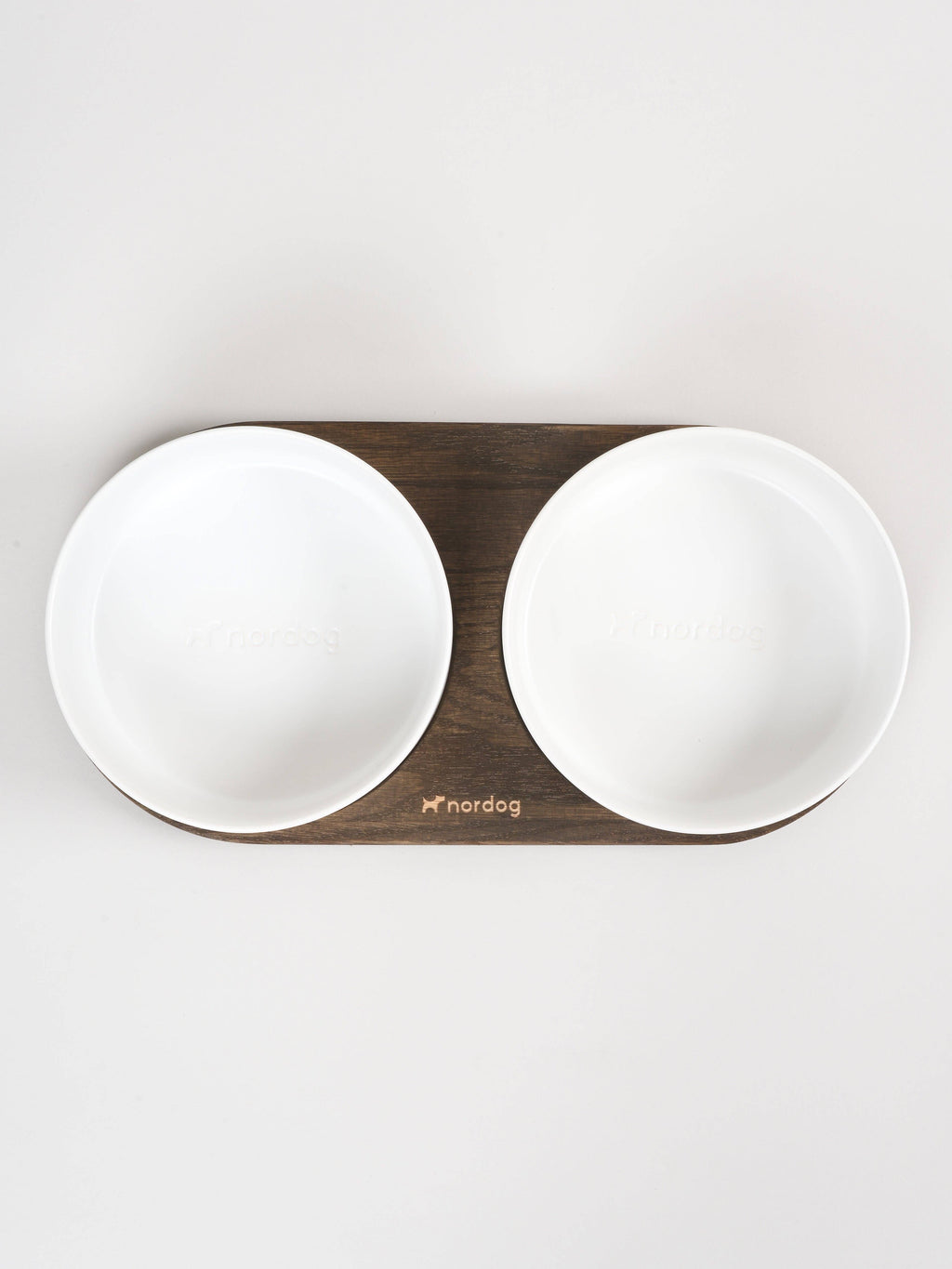 Barcelona oak double dog bowl, white ceramic