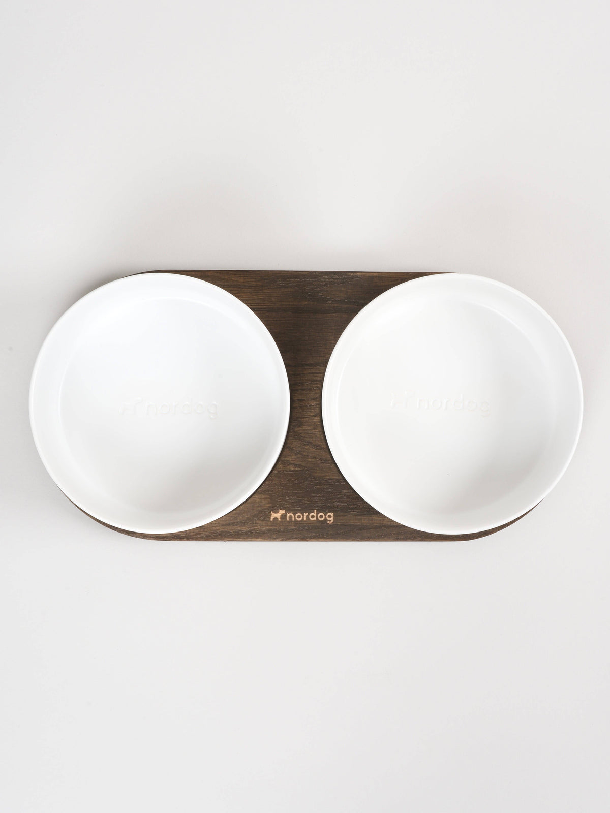 Barcelona oak double dog bowl, white ceramic
