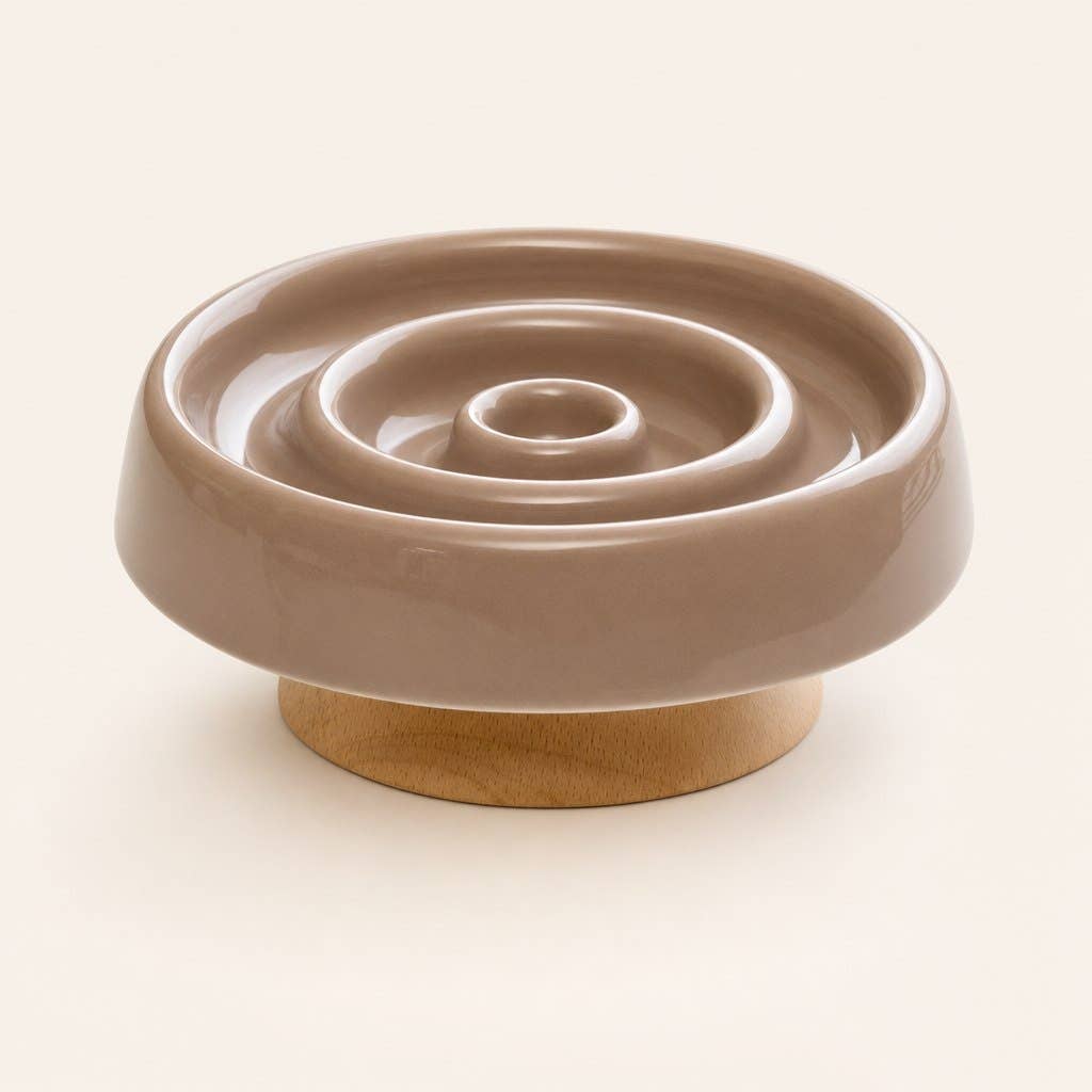 Ceramic slow feeder cat bowl in brown