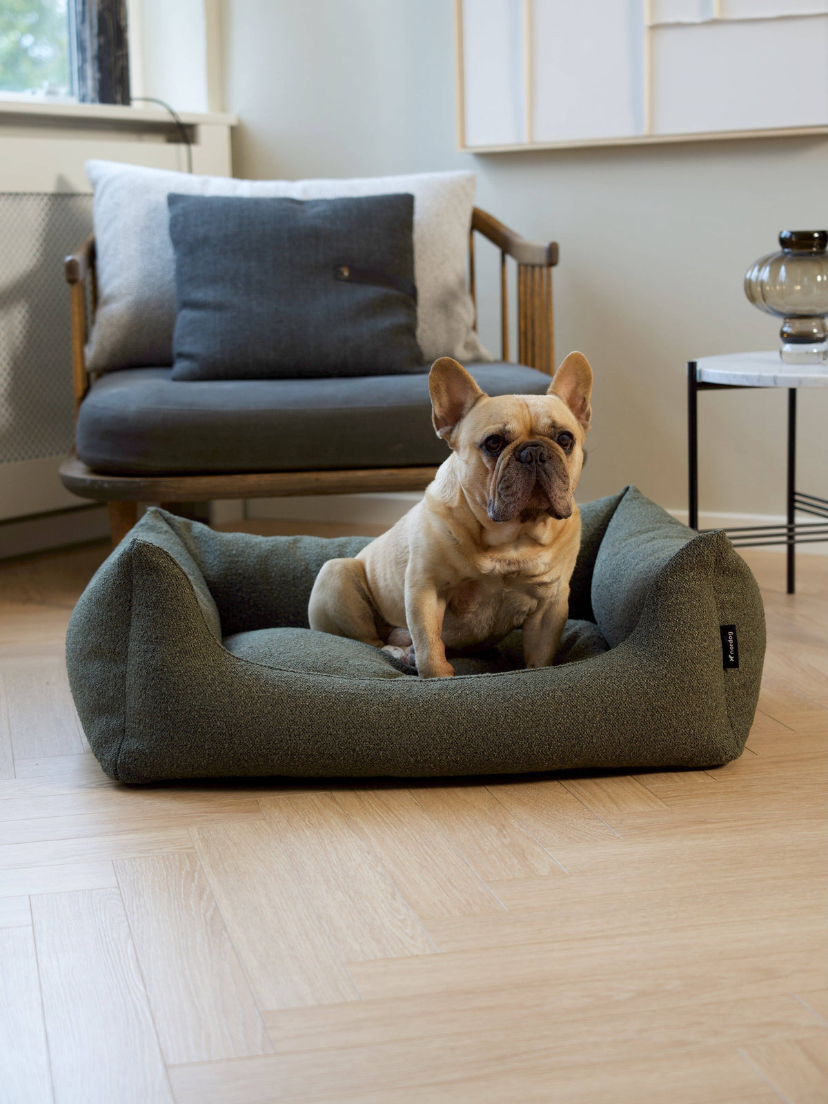Billy bouclé dog bed in moss