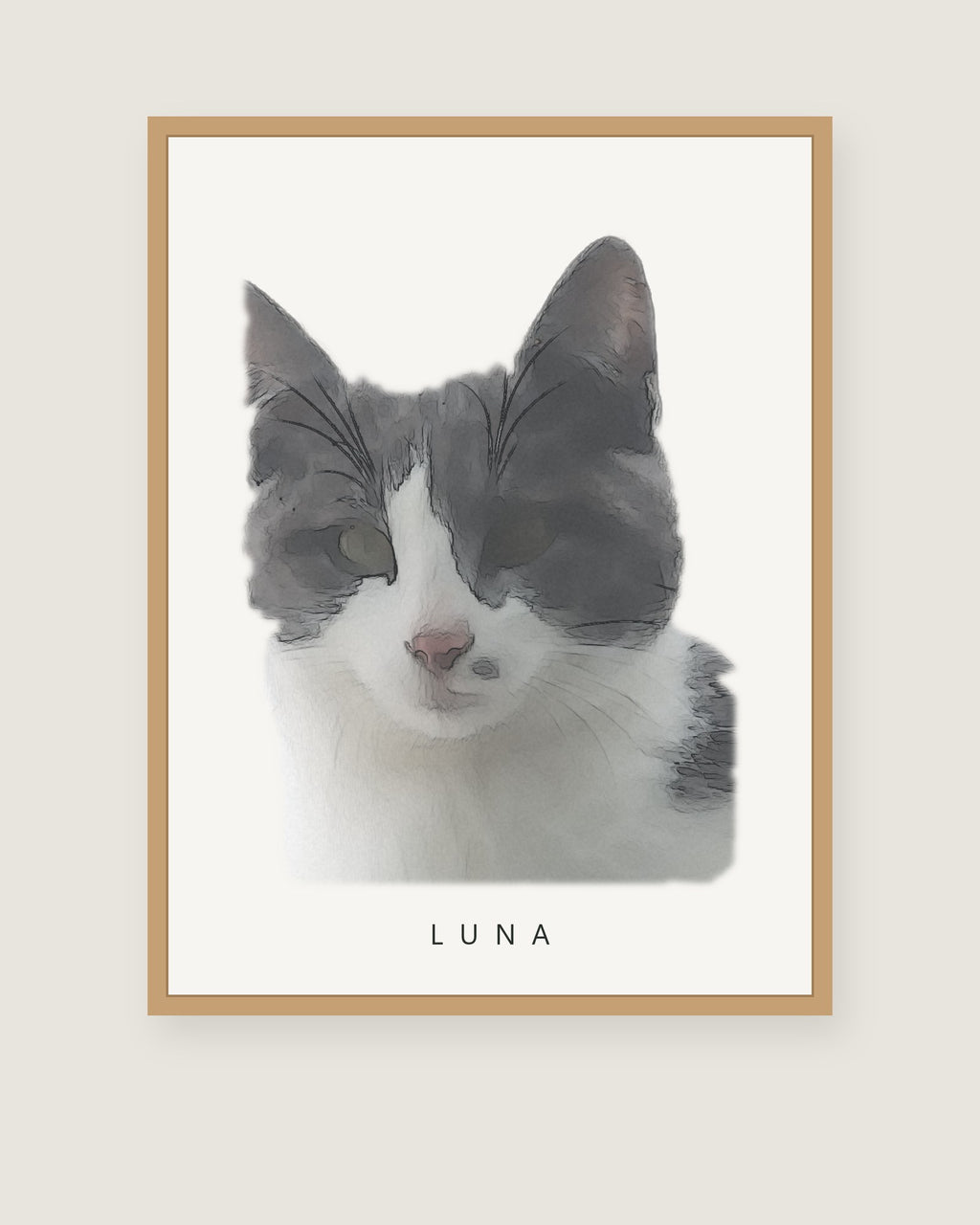 Memorial pet portrait in Nordic Watercolor style with name, framed poster