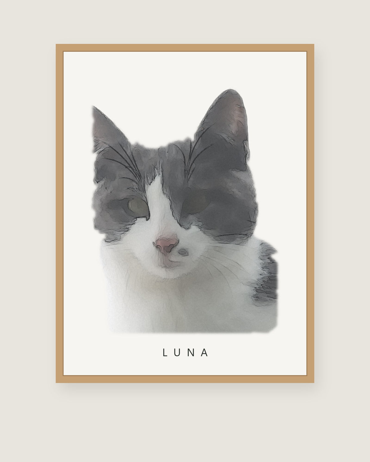 Memorial pet portrait in Nordic Watercolor style with name, framed poster