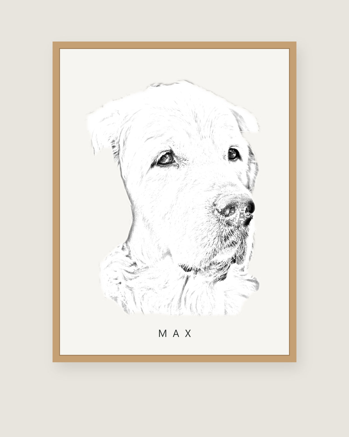 Memorial pet portrait in Pencil Sketch style with name, framed poster