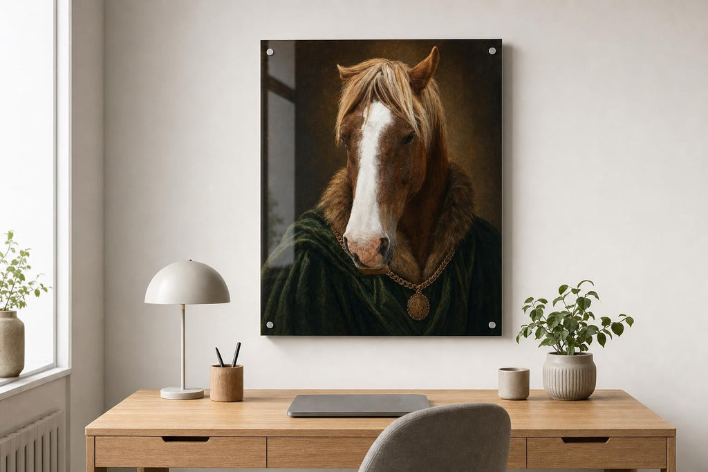 Horse portrait as an acrylic print above a desk