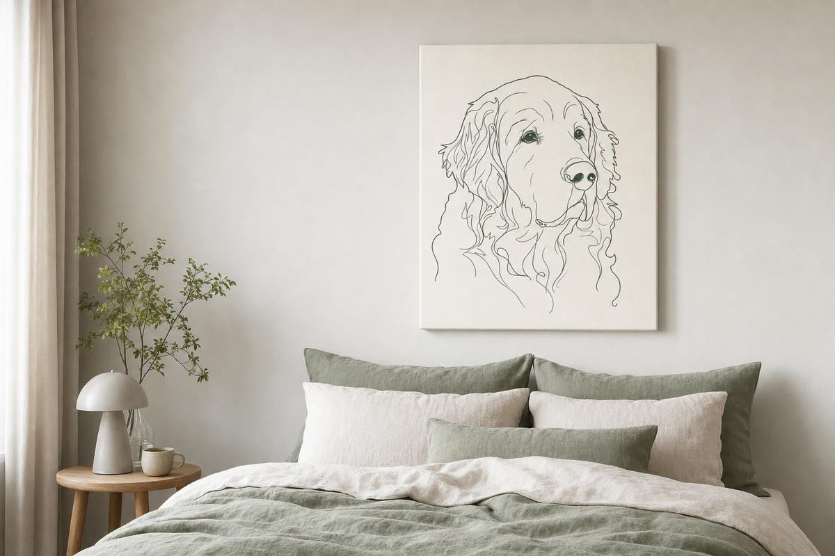 Line Art dog portrait on canvas above a bed
