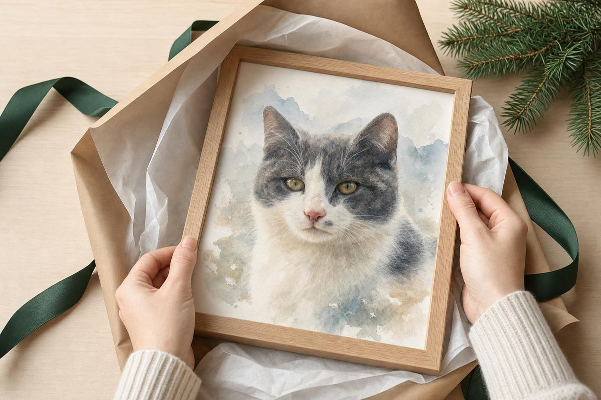 Framed pet portrait being unwrapped as a gift