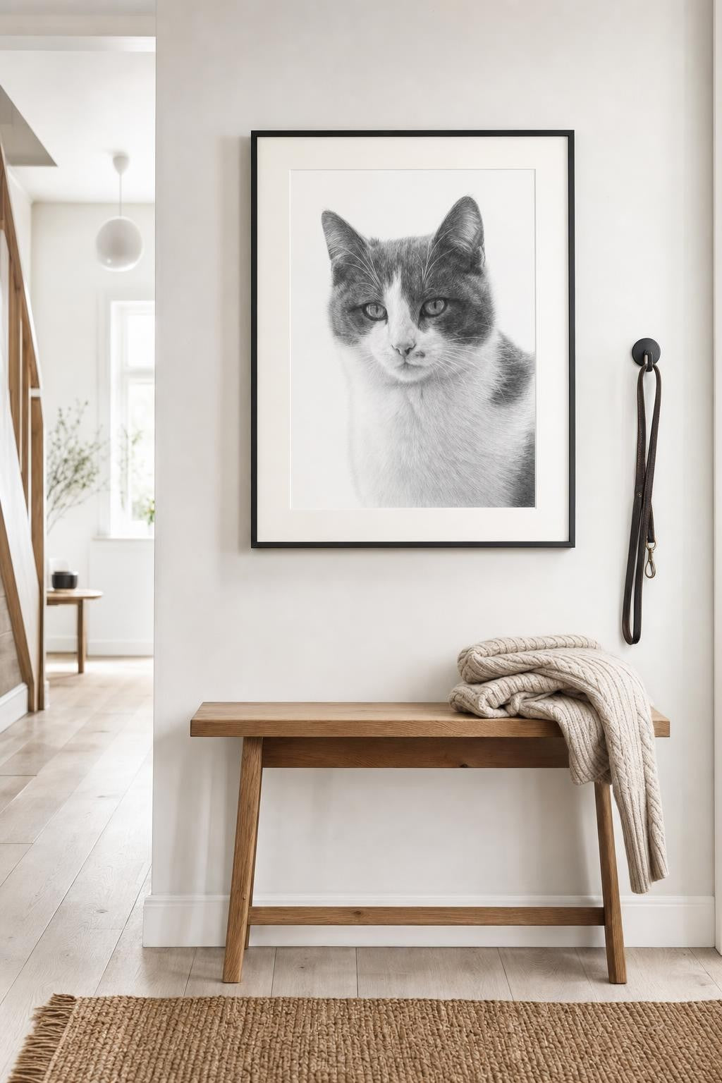 Pencil sketch cat portrait in a bright hallway