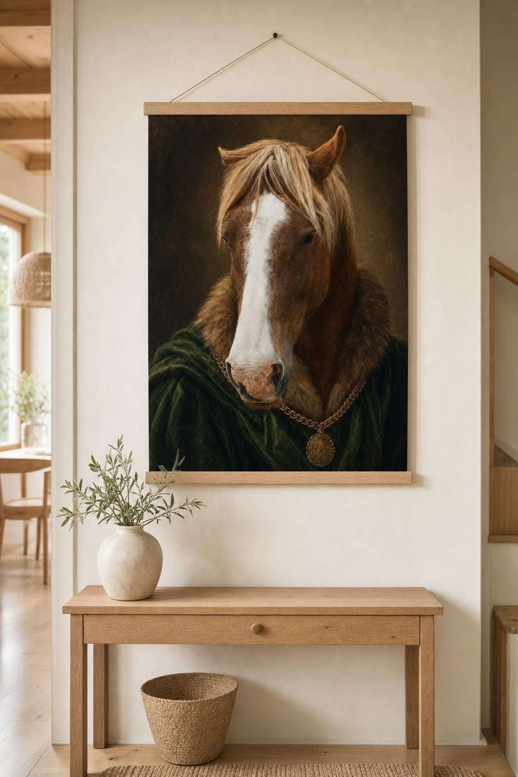 Horse portrait in The Royal style as a hanging poster with wooden hanger