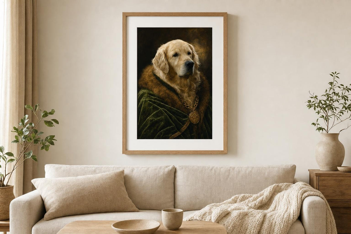 Framed custom dog portrait in The Royal style above a sofa