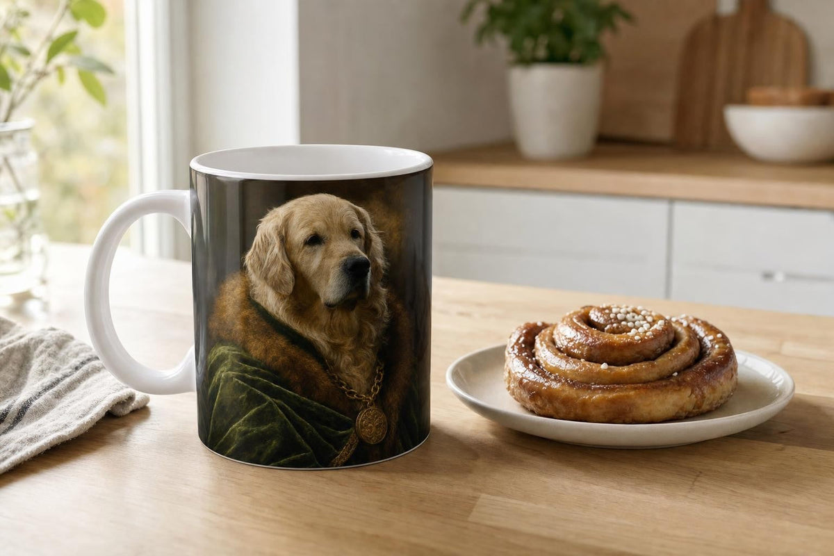 Custom pet portrait mug on a kitchen table