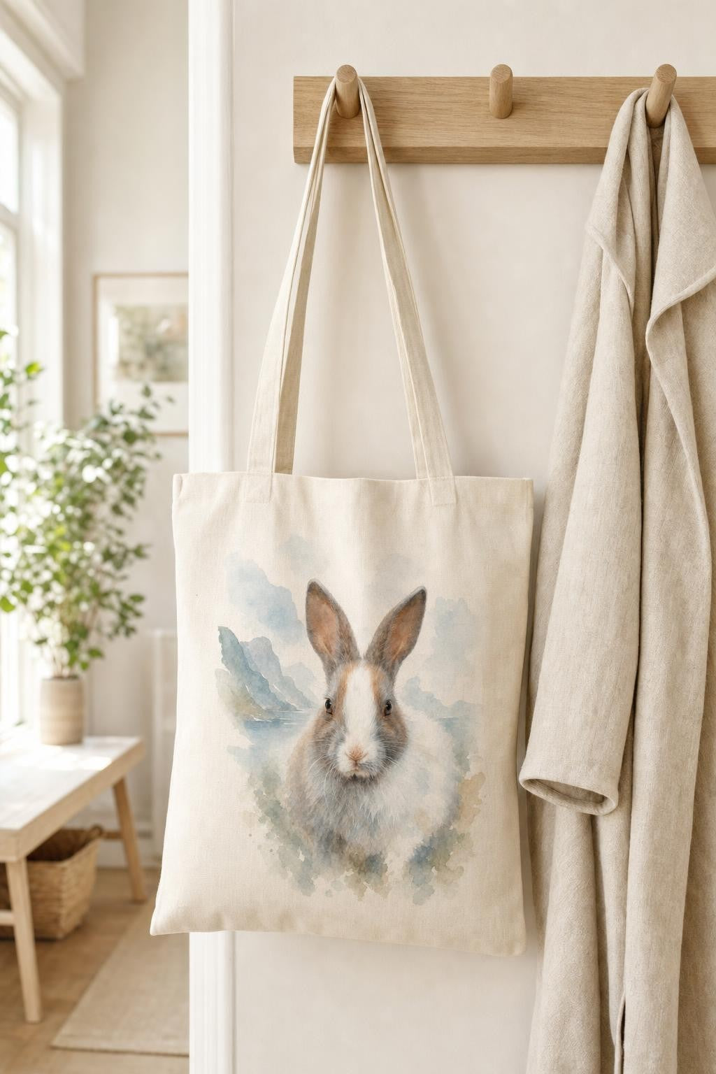 Natural cotton tote bag with a watercolor rabbit portrait